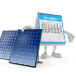 Calendar character with photovoltaic panel isolated on white background. 3d illustration